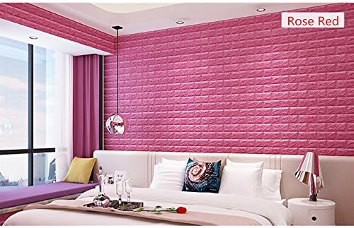 7Buy 3D Brick Pattern Wall Stickers Self-adhesive Panel Decal PE Prevent Collisions Wallpaper for Children and Old Man's Safe, 2.5Ft x 2.3Ft x 5PCS (Rose Red)