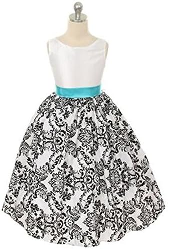 Efavormart Lovely Girls Dress with Black Velvet Flocked Damask On White Taffeta - Turquoise - Child2-3yrs