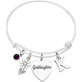 Goddaughter Charm Bracelet – Silver Expandable Bangle with Engraved Heart, Birthstone, Daisy Flower, and Initial – Personalized Gift from Godparents