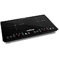 NutriChef Double Induction Cooktop - Portable 120V Digital Ceramic Dual Burner w/ Kids Safety Lock - Works with Flat Cast Iron Pan,1800 Watt,Touch Sensor Control, 12 Controls - PKSTIND48, Black