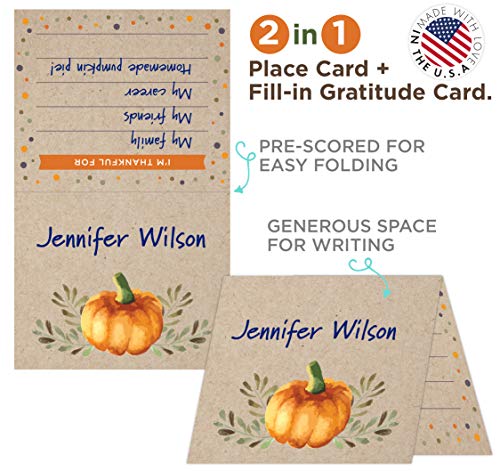 Koko Paper Co Thanksgiving Place Cards with Fill-in Gratitude Cards | Pack of 50 Cards | Printed on Heavy Card Stock.