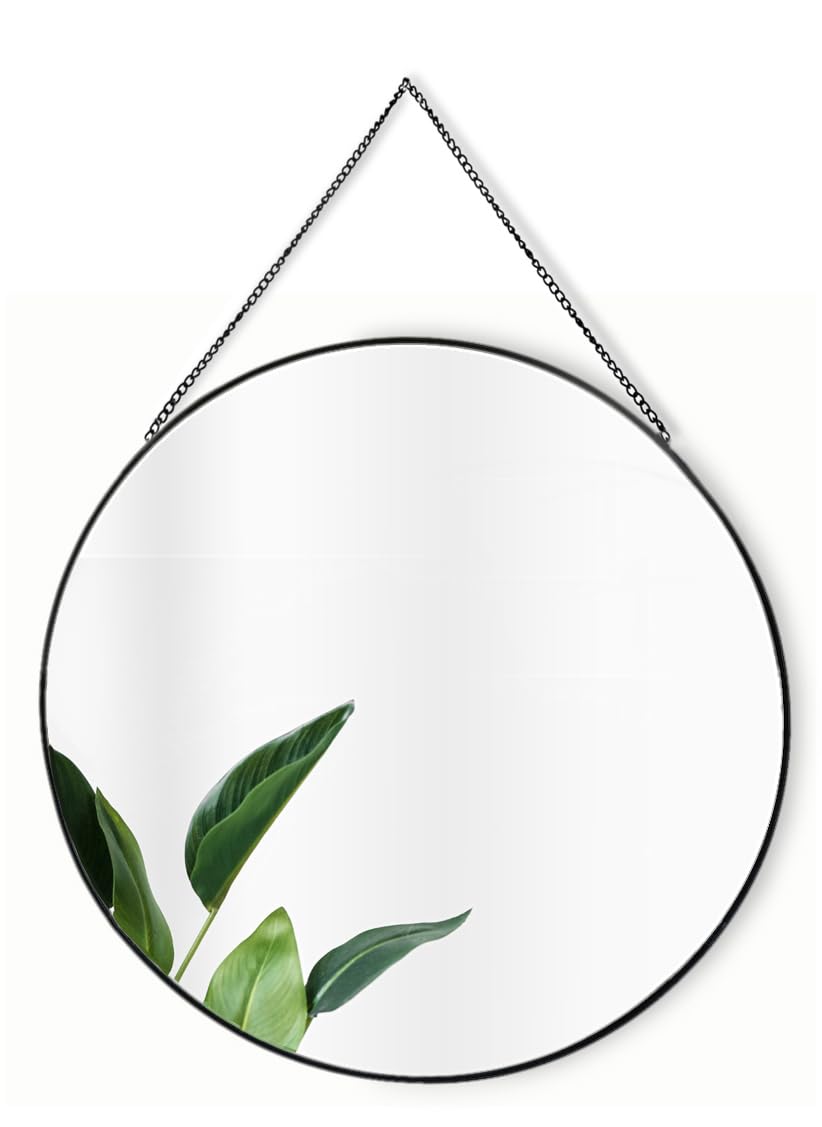 GreyZouq Large Black Round Metal Rimmed Wall Mirror with Chain (50cm). Perfect for Bathroom, Bedroom Hallway and Living Room Contemporary Vintage.