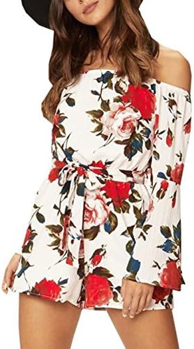 LIXIANSHI Women Summer Jumpsuit Jumper Off Soulder Boat Neck Long Sleeve Flower Print One Piece High Waist Jumpsuits