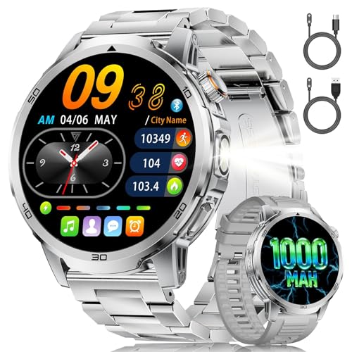 LIGE SMART Men's Smart Watch, Large Screen 1.85"/Bluetooth Call/1000mAh/LED Torch, Men's Smartwatch with Heart Rate/Sleep/IP68/110+ Sports Modes Android iOS, Silver