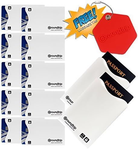 RFID Blocking Sleeves (10 Credit Card Sleeves, 2 Passport Covers, FREE Luggage Tag) #1 Identity Theft Protection Travel Case Set, Smart Holders For Wallets, Purses, Cell Phones for Men & Women (White)