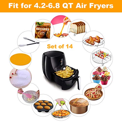 XL Air Fryer Accessories, Set of 14 for Gowise Phillips Cozyna 4.2/4.5/5.5/5.8/6.5/6.8 QT wiith Recipe Cookbook, No Rusting 8'' Cake Barrel, Pizza Pan, 9'' Air Fryer Liners, Silicone Oil Brush, Baking Cups, Plate Gripper