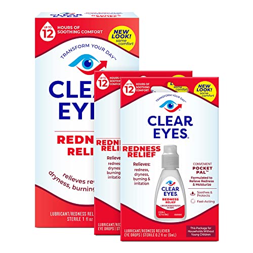 Clear Eyes Redness Eye Relief Eye Drops, One 1.0 Fl Oz and 2 Pocket