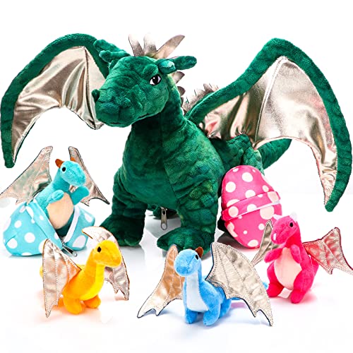 Photo 1 of Deekin 7 Pcs Dragon Toy Set 16 Inch Large Dragon Stuffed Animal with 4 Baby Plush and 2 Eggs in Mommy's Belly Dinosaur Plushies Gifts for Boys Girls Birthday Christmas(Cute Style)