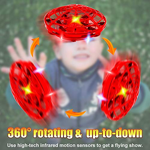 Hand Drones, Hand Controlled Drones, econoLED Boy Toys Kids Hand Operated Flying Ball Drone - Hands Free Mini Flying Ball Helicopter with 2 Speed & 5 LED Lights for Boys, Girls, Kids, Toddlers (Red)