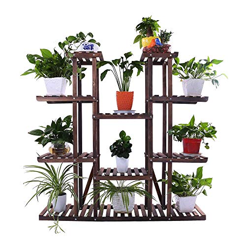 Ufine 9 Tier Wood Plant Stand 47.2″ High Widen Carbonized 17 Potted Flower Pot Organizer Shelf Display Rack Holder for Indoor Outdoor Patio Garden Corner Balcony Living Room (Renewed)