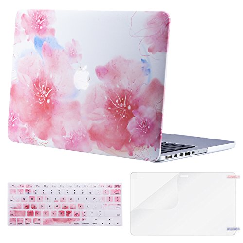 Mosiso Plastic Pattern Hard Case with Keyboard Cover with Screen Protector Only for MacBook Pro Retina 13 Inch No CD-Rom (A1502/A1425, Version 2015/2014/2013/end 2012), Watercolor Peach Blossom