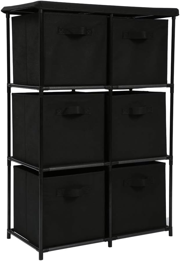 Function Home 6 Drawer Storage Organizer, Fabric Chest Cabinet, 3 Tier Metal Shelves with 6 Non-Woven Collapsible Bins, Organizer Tower Unit for Storing Clothing Documents Books Towels in Black: Home & Kitchen