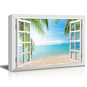 Window View Tropical Landscape with Beach and Palm Trees