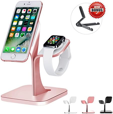 Phone Stand Watch Tablet Holder ,VOUO Seed-shape Mount Universal 2 in 1 Aluminum Nano Micro Suction Cradle,all Android Smartphone, IPad, IPhone,Apple Watch desktop Station(Gold)