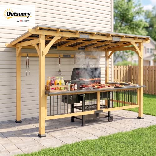 Outsunny 13x6 ft Wooden BBQ Grill Gazebo with Metal Roof, Bar Shelves & Hooks image 19