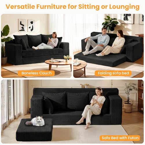 Winzoo Convertible Sofa Bed, Pull Out 3 Seater Sleeper Sofa, 70" Black Boneless Couch Fold Out Floor Couch with 5 Pillows for Living Room Bedroom Lounge Small Space