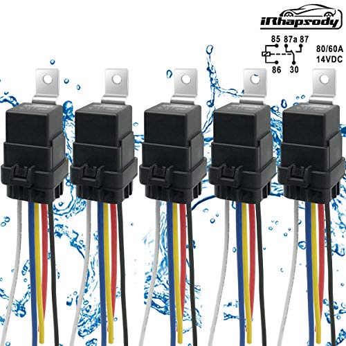 irhapsody 12VDC 80/60Amp Waterproof Relay, 5-pin SPDT Automotive Relay with Pigtail