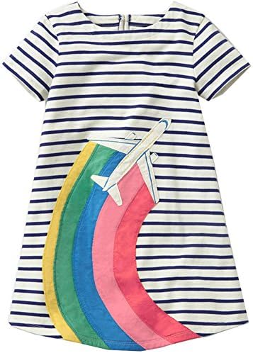 Girls Dresses Cartoon Print Cotton Summer Tunic Dress Short Sleeve (5T, Rainbow Plain)
