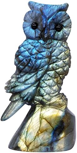 NATURSTON Handcrafted Gemstone's Owl Statue Natural Labradorite Carving Animal Figurine Healing Gift (Multicolor, 2.5''-2.9'')