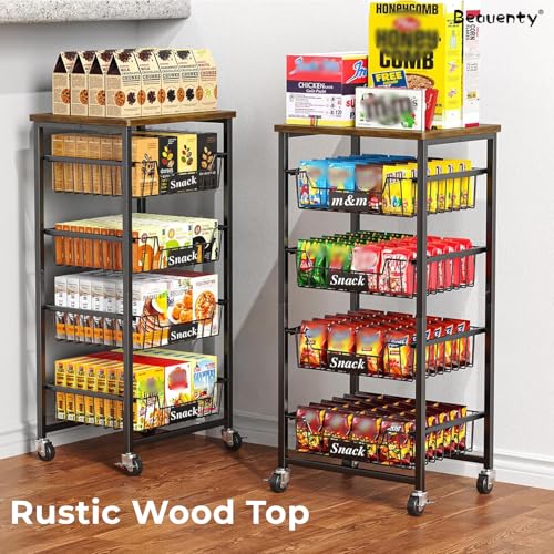 Beauenty 5-Tier Rolling Storage Cart, Pull-out Basket Trolley Organizer Kitchen Storage Shelf, Wooden Top Mobile Shelving Unit Suitable for Kitchen, Living room, Bathroom (Top Panel & 4 Baskets)