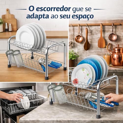 Escorredor de Louça 13 Pratos Duplo Cromado com Porta Copos – Aço Inox, 2 Andares, Alta Capacidade, Anticorrosão Premium