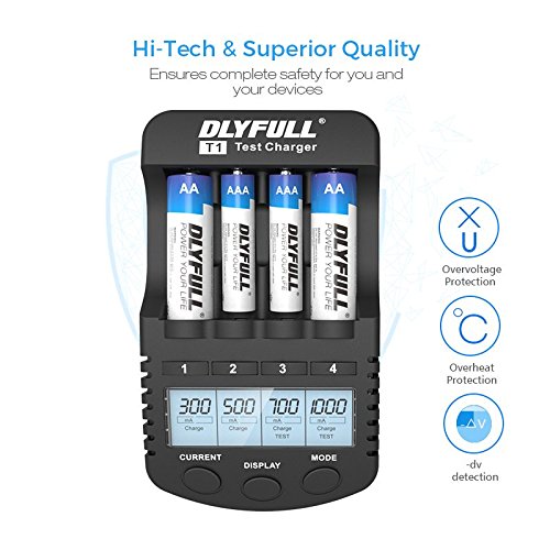 Dlyfull Smart AA and AAA Battery Charger with LCD Display, 4 Bays Speedy Charger with AC Wall Adapter for NiMH/NiCd Rechargeable Batteries