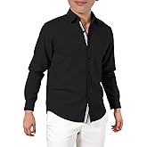 Haloumoning Boys Long Sleeve Dress Shirts Kids Solid Casual Button Down Uniform Shirts 5-14 Years