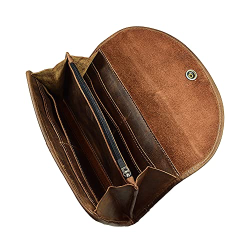 Hide & Drink, Full Grain Leather Snap Clutch Wallet for Women, Money Holder and Card Organizer with Zippered Pouch, Handmade, Bourbon Brown