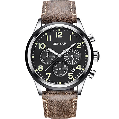 BENYAR Waterproof Watches Luminous Numerals Casual Leather Band Strap Men Wrist Watch with Date (Black)