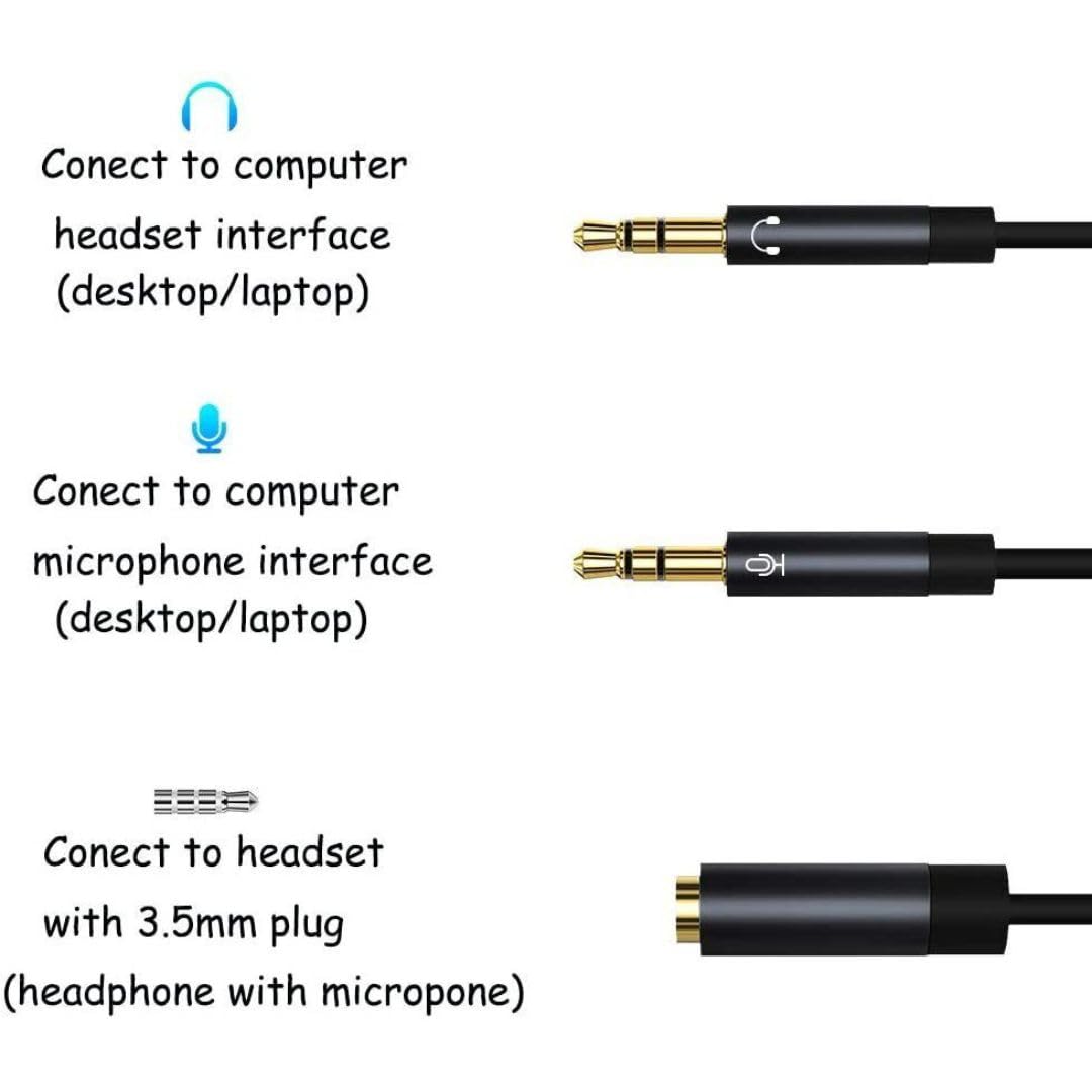Headphone Mic Splitter 3.5mm Female to 3.5mm 2 Male Audio PC Headset Microphone Cable Compatible with Gaming Headset, Earphone, Speaker, Desktop, Laptop and all More