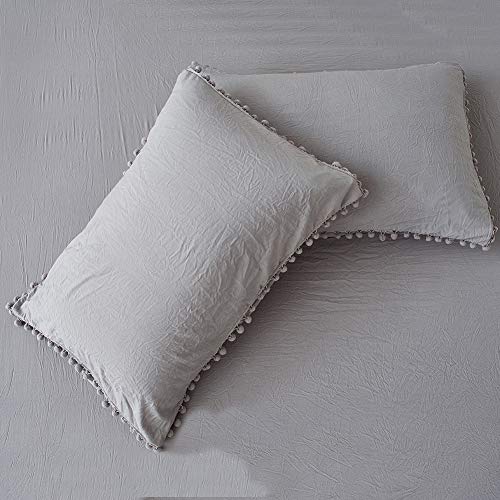 MOVE OVER Grey Pom Poms Pillow Case, Light Grey King Pillowcases Set of 2, 100% Washed Microfiber, Gray Ball Fringe Pillow Shams King 2 Pack (King, Light Grey)