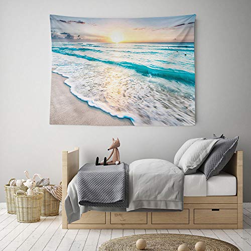 HIYOO Home Nature Art Wall Hanging Fabric Tapestry, Tropical Ocean Sea Coast Sand Beach Waves Theme Design, Decor for Party, Dorm Room, Bedroom,Living Room 90" W x 60" H - Sunrise