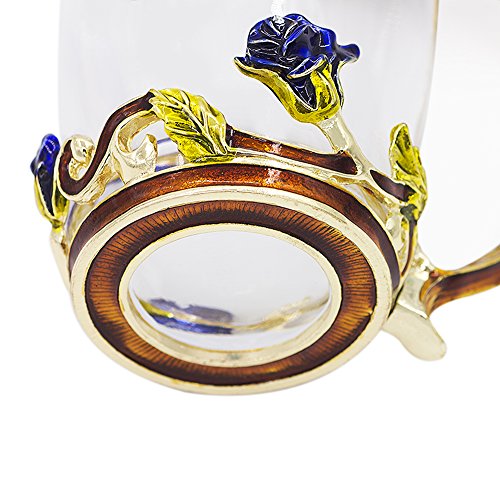 Daycindy Handmade Glass Coffee Mugs Blue Rose Tea Cup Spoon Set (13oz, Rose Blue)
