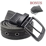 Men's Military Water-Washed Canvas Waist Web Belt Leather Tipped End and Silver Metal Buckle (Medium(34-36), Black)