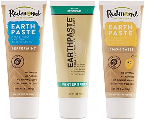 Redmond Life Earthpaste Amazingly Natural Wintergreen, Spearmint and Lemon Toothpaste Bundle With Bentonte Clay and Tea Tree Essential Oil, 4 oz. each