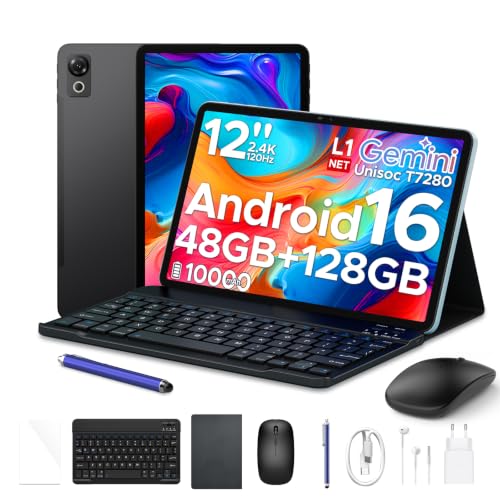 P12 Tablet 12 Inch 2.4 K Android Tablet 16,120Hz,48GB+128GB/2TB TF,Black | FHD,10000mAh/Fast Charge 18W,OTG, T7280 Octa-Core,2.2GHz,Gemini AI/WidevineL1/WiFi5,Keyboard,Pen,Ultrathin Metal