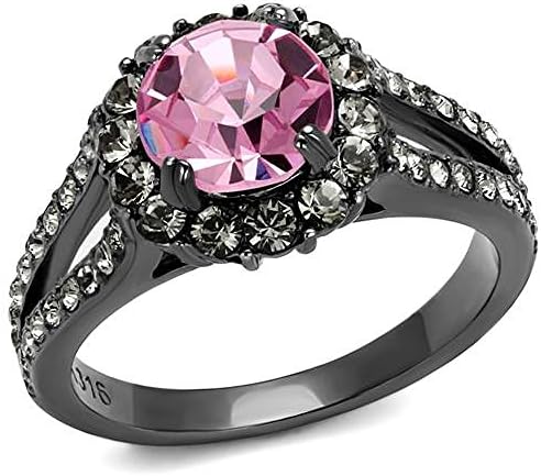 7.5 MM Light Rose Round Cut Crystal Engagement Ring, IP Light Black (IP Gun), Size 5,6,7,8,9,10 (10)