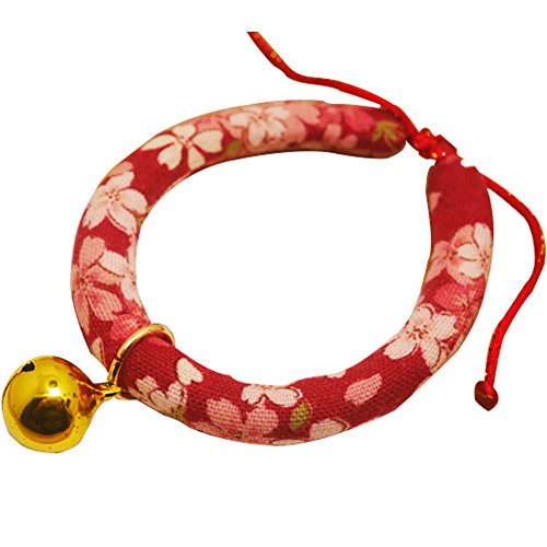 Creation Core Japanese Style Flower Print Cat Collar with Golden Bell(Red Pink Flower,M)