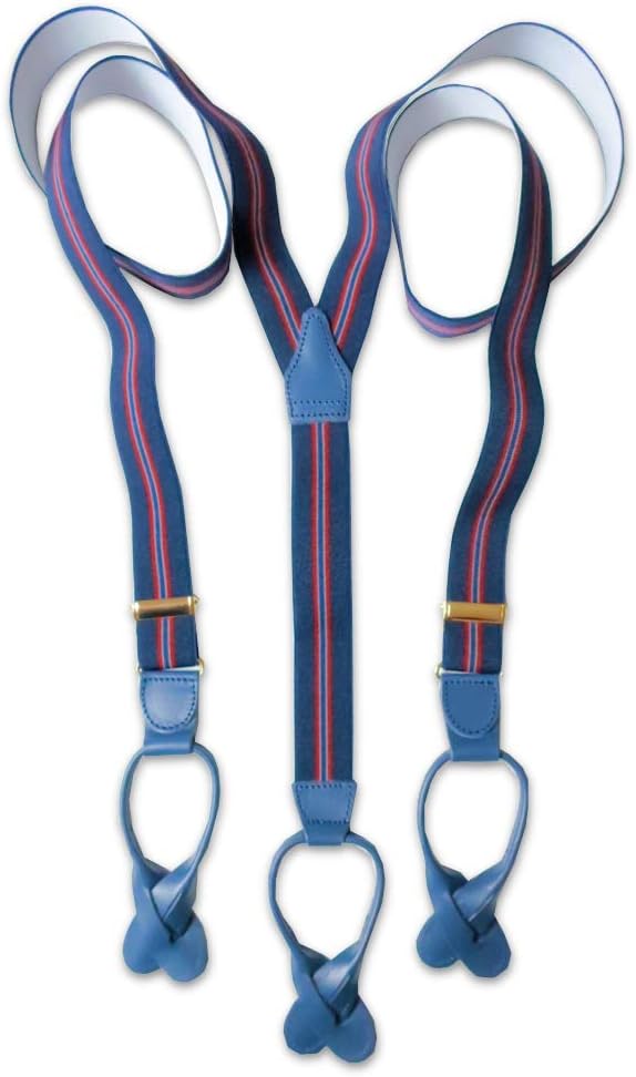 Albert Thurston Navy Mod Stripe Button Braces with Navy Leather/Brass Fittings