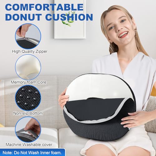 Ecosafeter Ergonomic Memory Foam Donut Cushion - Coccyx Support and Pressure Reduction for Office, Car and Home, Breathable Washable Cover