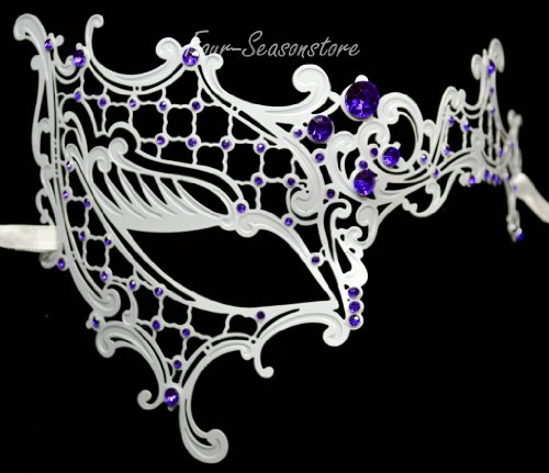 New Women Metal Phantom Mask Laser Cut Venetian Halloween Masquerade Mask Costume Extravagant Inspire Design - White w/ Purple Rhinestones