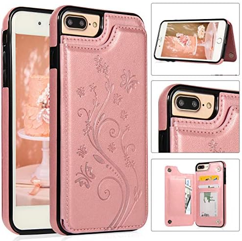 iPhone 7/8 Plus Wallet Case with Card Holder, Akimoom Butterfly Embossed Double Magnetic Clasp Leather Kickstand Card Slots Protective Skin Case Cover for Apple iPhone 7/8 Plus 5.5 Inch(Rose Gold)