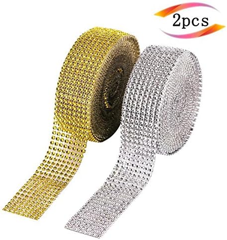 Kaosaike 2 Rolls 8 Row 10 Yard/Roll Acrylic Rhinestone Diamond Ribbon for Wedding Cakes, Birthday Decorations, Baby Shower Events, Arts and Crafts Projects (Silver and Gold)