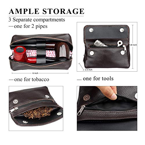 Genuine Leather Smoking Tobacco Pipe Pouch Case Bag for 2 Pipes Tamper Filter Tool Cleaner Preserve Freshness (Brown)