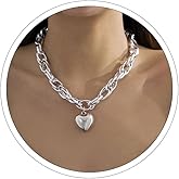 Chunky Gold Necklace Big Heart Necklace for Women Silver Large Heart Statement Necklaces Bold Thick Chain Puffy Love Hearts Charm Necklaces for Women with Toggle Chunky Silver Jewelry Trendy Gold Accessories Valentine's Day Gift