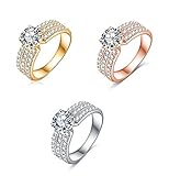 AMDXD Jewelry Round Cut 3 Rows White Zirconia Engagement Rings for Womens Gold Plated 7MM Width