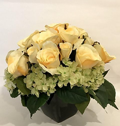 Silk Rose and Hydrangea Arrangement in Ceramic Vase, Yellow and Green Theme Color Centerpiece, Office Home Indoor Decor Flower, Handcrafted at The Floral Mart
