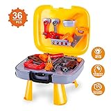 Kids Tool Set-Pretend Play Workbench for Toddlers with a Durable Plastics Case and 36 Pieces Construction Accessories-Including Wrench Drill Hammer Saw and More.