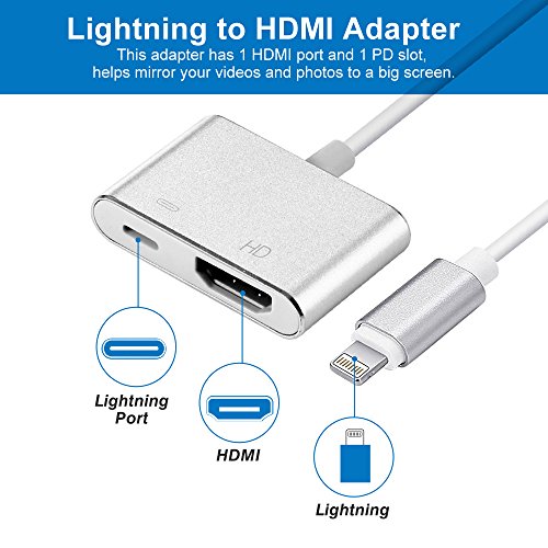 HDMI Adapter for iPhone, Lighting to HDMI Adapter, 2 in 1 Plug and Play