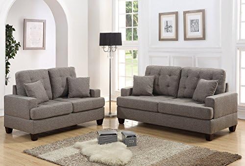 2Pcs Modern Coffee Linen-Like Fabric Sofa Loveseat Set with 4 Accent Pillows